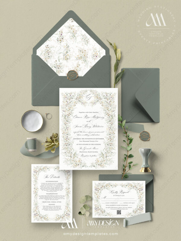 Vintage Wildflower Wedding Invitations Set Template | Botanical Wedding