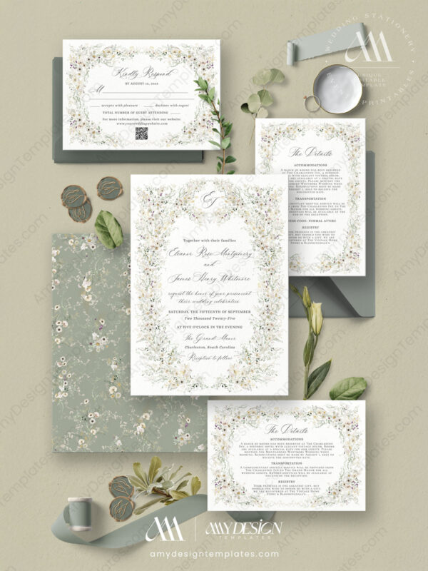 Vintage Wildflower Wedding Invitations Set Template | Botanical Wedding