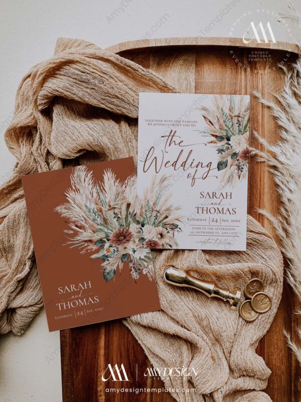 Boho Wedding Invitation Suite Template | Sage Green Terracotta Wedding