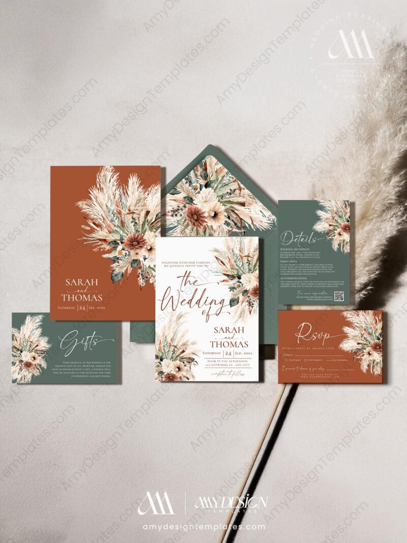 Boho Wedding Invitation Suite Template | Amy Design