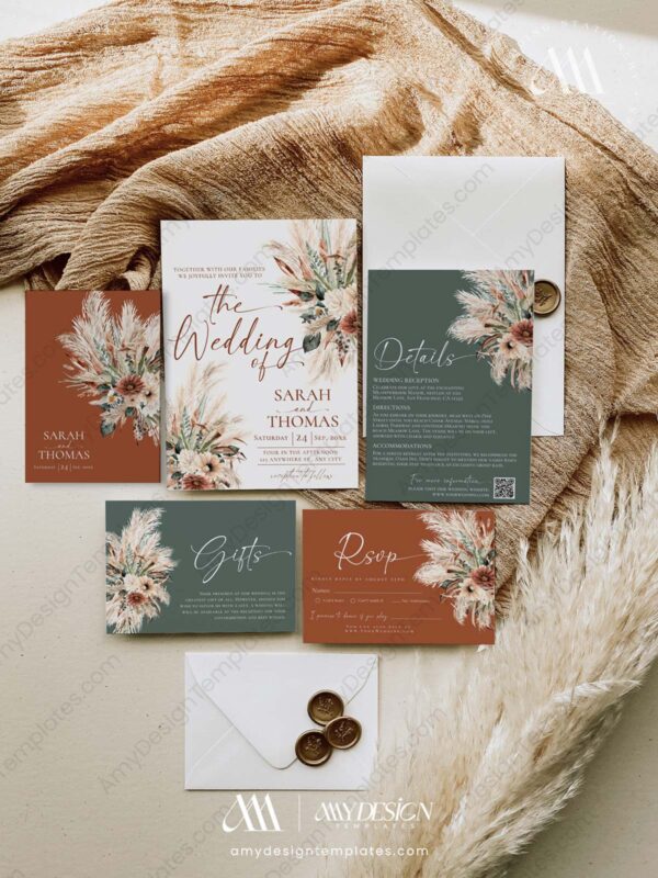 Boho Wedding Invitation Suite Template | Sage Green Terracotta Wedding Boho Wedding Invitation Suite Template | Sage Green Terracotta Wedding