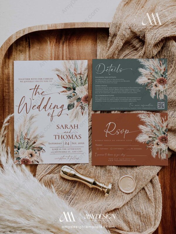 Boho Wedding Invitation Suite Template | Sage Green Terracotta Wedding