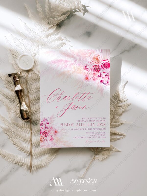 Hot Pink Wedding Invitation Card | Bright Pink Floral Wedding Invitation Suite Template