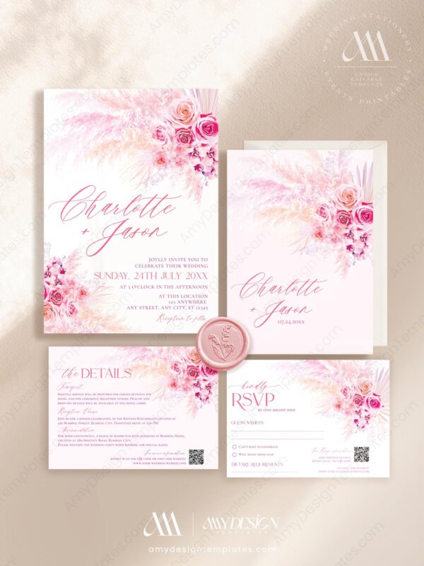 Hot Pink Wedding Invitation Card | Bright Pink Floral Wedding Invitation Suite Template