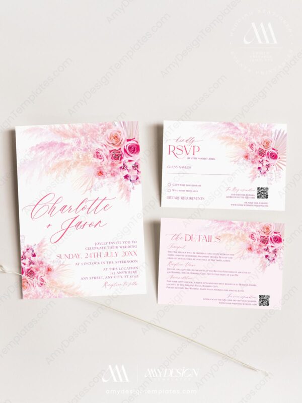 Hot Pink Wedding Invitation Card | Bright Pink Floral Wedding Invitation Suite Template