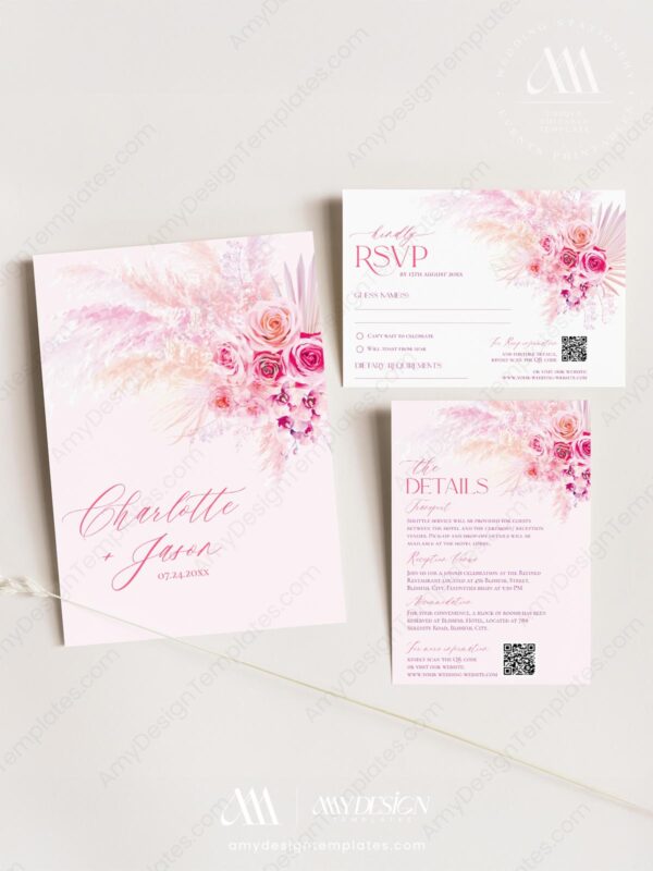 Hot Pink Wedding Invitation Card | Bright Pink Floral Wedding Invitation Suite Template