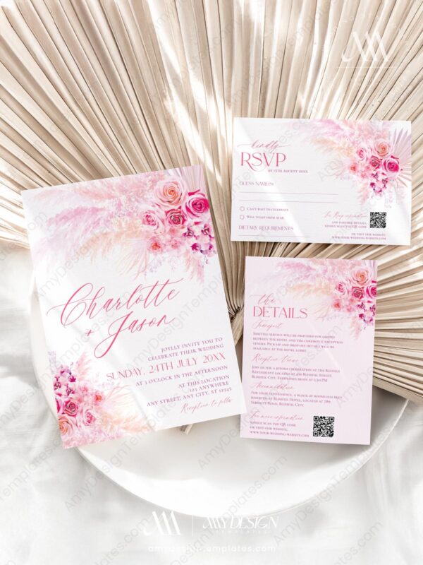 Hot Pink Wedding Invitation Card | Bright Pink Floral Wedding Invitation Suite Template