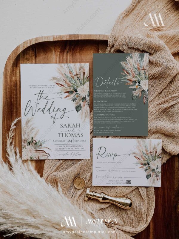 Boho Sage Green Wedding Invitations Templates | Greenery Wedding Suite