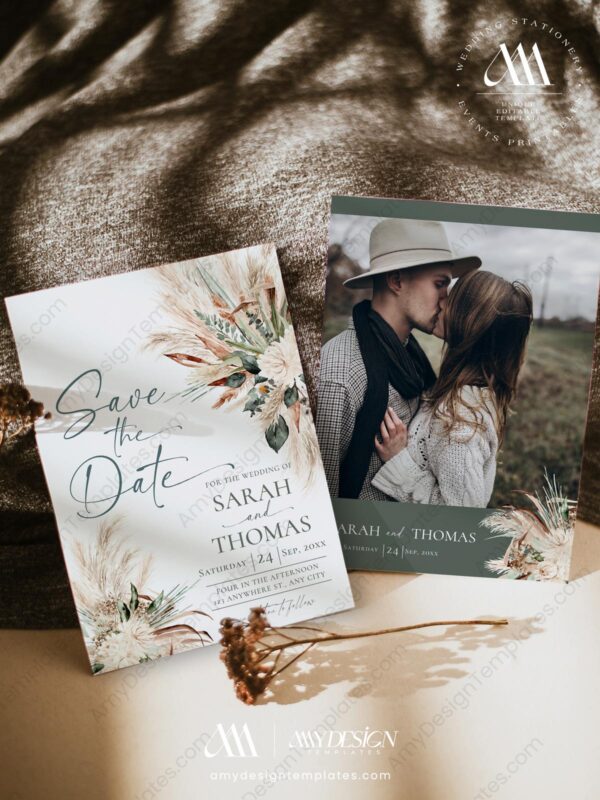 Greenery Pampas Wedding Welcome Sign | Boho Wedding DIY Printable Template Greenery Wedding Save The Date Template with Photo E008