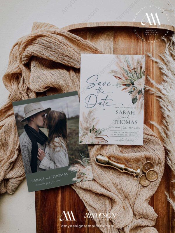 Greenery Wedding Save The Date Template with Photo | Sage Green Save The Date Card Greenery Wedding Save The Date Template with Photo E008