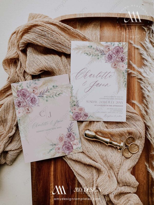 Mauve Sage Green Wedding Invitation Template | Boho Mauve Wedding Invitations | Rustic Wedding