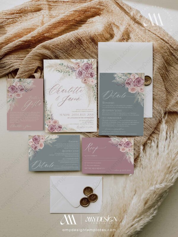 Mauve Sage Green Wedding Invitation Template | Boho Mauve Wedding Invitations | Rustic Wedding Mauve Sage Green Wedding Invitation Template | Boho Mauve Wedding Invitations | Rustic Wedding