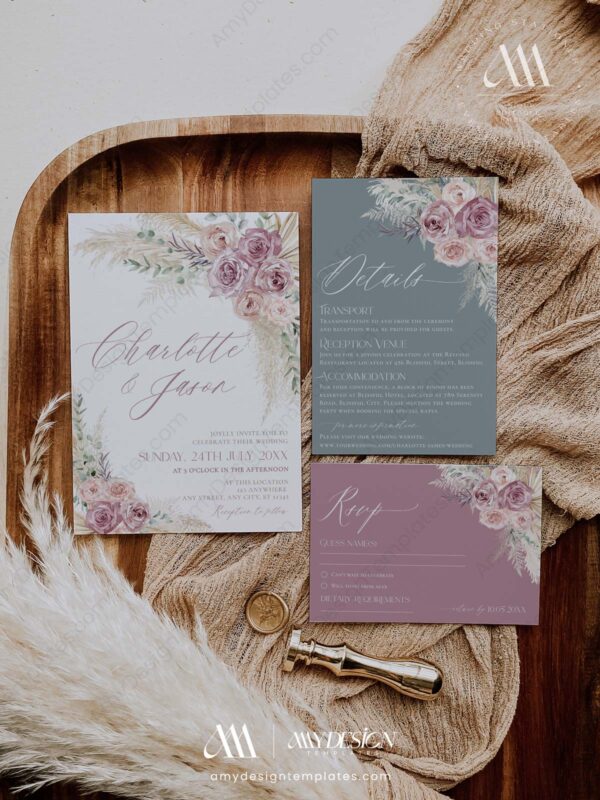 Mauve Sage Green Wedding Invitation Template | Boho Mauve Wedding Invitations | Rustic Wedding