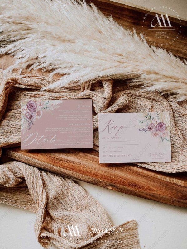 Romantic Wedding Invitations Suite Template | Blush Pink Wedding Set | Mauve Boho Pampas Romantic Wedding Invitations Suite Template | Blush Pink Wedding Set | Mauve Boho Pampas