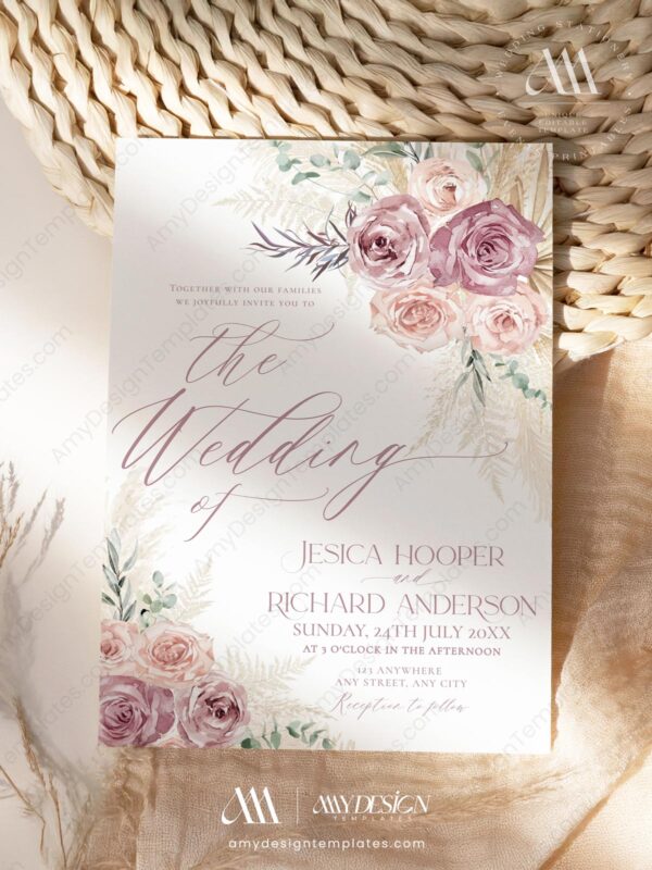 Romantic Wedding Invitations Suite Template | Blush Pink Wedding Set | Mauve Boho Pampas Romantic Wedding Invitations Suite Template | Blush Pink Wedding Set | Mauve Boho Pampas