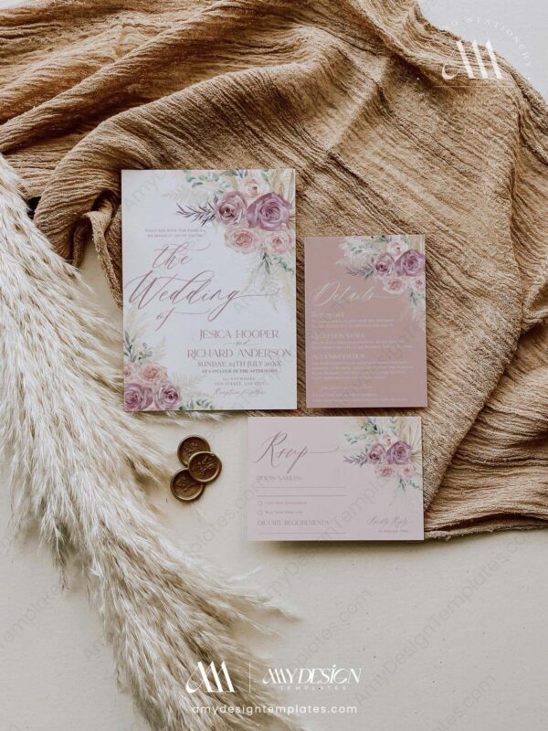 Romantic Wedding Invitations Suite Template | Blush Pink Wedding Set | Mauve Boho Pampas Romantic Wedding Invitations Suite Template | Blush Pink Wedding Set | Mauve Boho Pampas