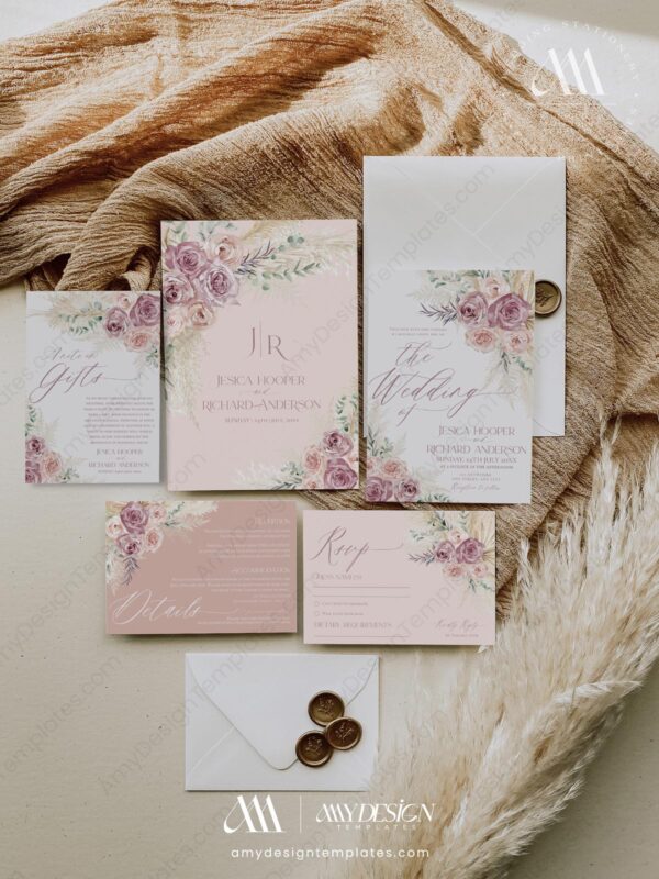 Romantic Wedding Invitations Suite Template | Blush Pink Wedding Set | Mauve Boho Pampas