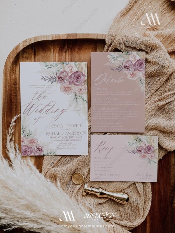 Romantic Wedding Invitations Suite Template | Blush Pink Wedding Set | Mauve Boho Pampas