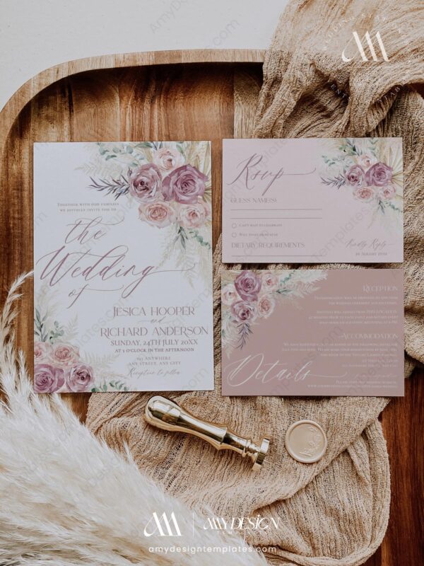 Romantic Wedding Invitations Suite Template | Blush Pink Wedding Set | Mauve Boho Pampas