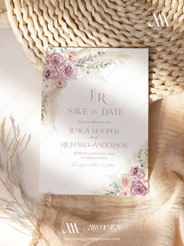 Mauve Pink Save The Date Template with Photo E010