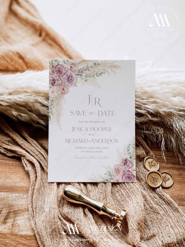 Mauve Pink Save The Date Template with Photo E010
