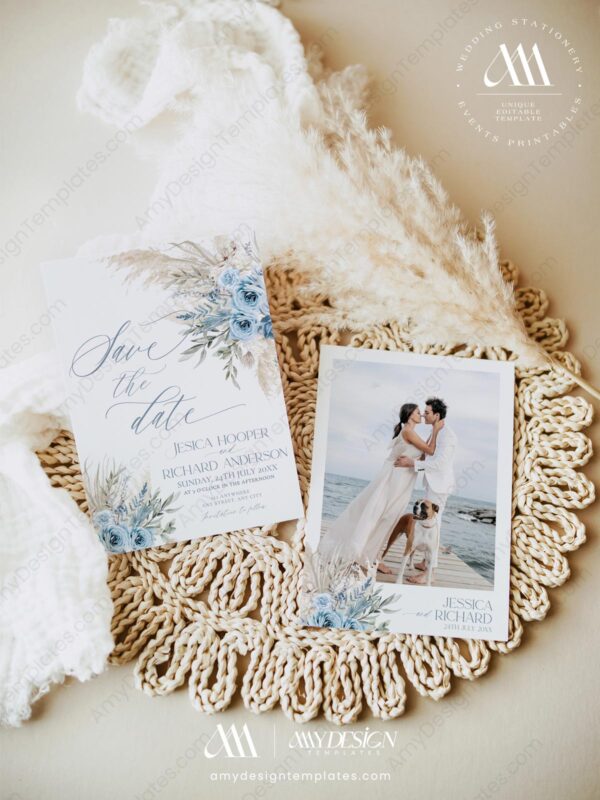 Blue Floral Save the Date Wedding Template E011
