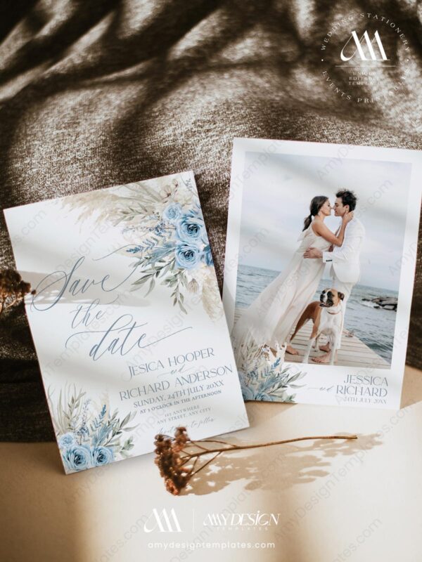 Blue Floral Save the Date Wedding Template | Printable Wedding | Bohemian Save our Date Blue Floral Save the Date Wedding Template E011