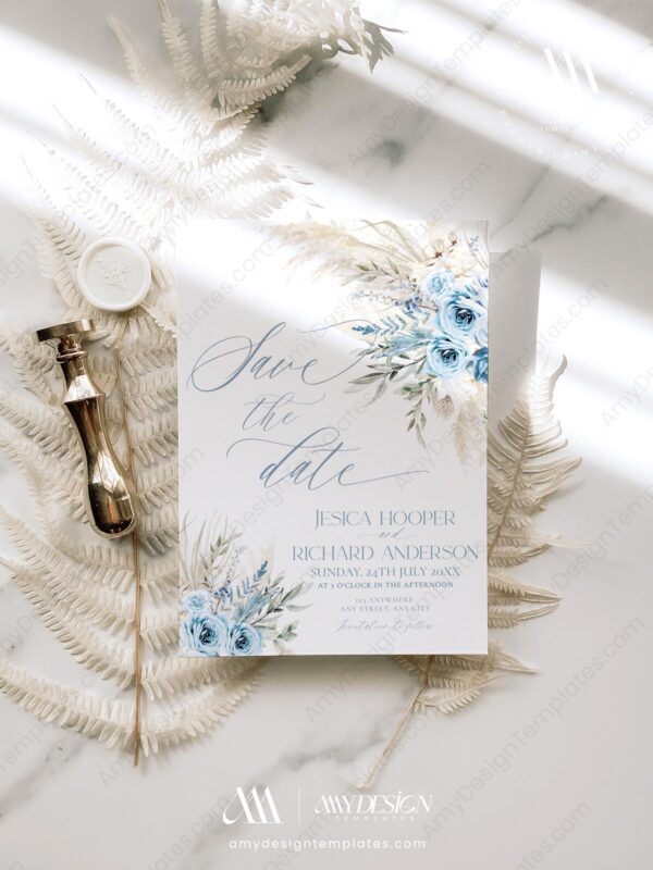 Blue Floral Save the Date Wedding Template E011