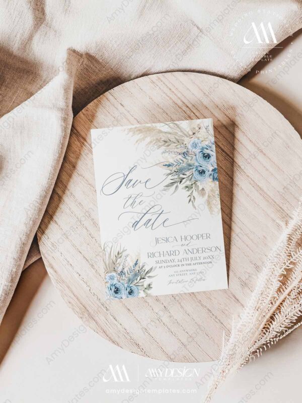 Blue Floral Save the Date Wedding Template | Printable Wedding | Bohemian Save our Date Blue Floral Save the Date Wedding Template E011