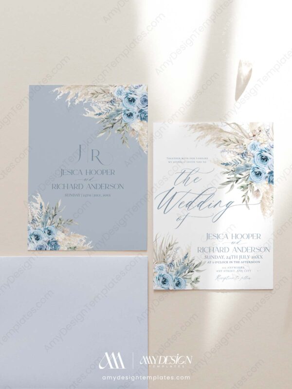 Bohemian Blue Pampas Wedding Invitations | Wedding Suite Template
