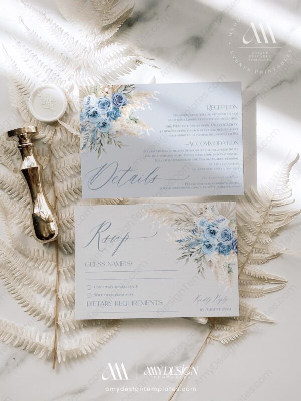 Bohemian Blue Pampas Wedding Invitations | Wedding Suite Template
