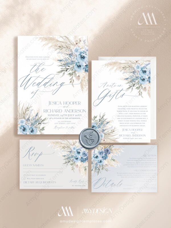 Bohemian Blue Pampas Wedding Invitations | Wedding Suite Template