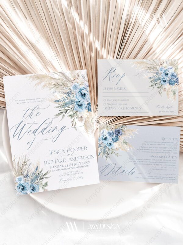 Bohemian Blue Pampas Wedding Invitations | Wedding Suite Template