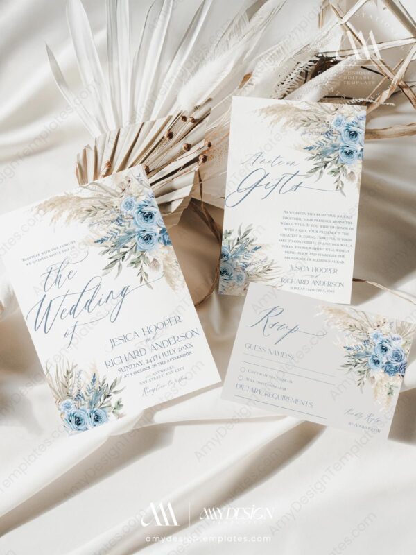 Bohemian Blue Pampas Wedding Invitations | Wedding Suite Template