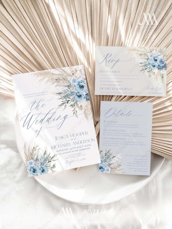 Bohemian Blue Pampas Wedding Invitations | Wedding Suite Template