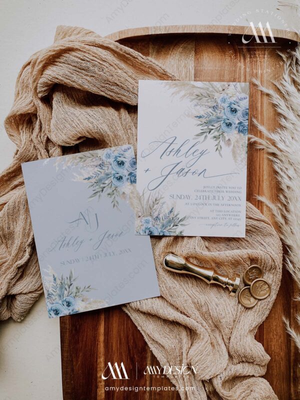 Dusty Blue Wedding Invitation Template | Boho Pampas Grass Wedding Set Dusty Blue Wedding Invitation Template | Boho Pampas Grass Wedding Set