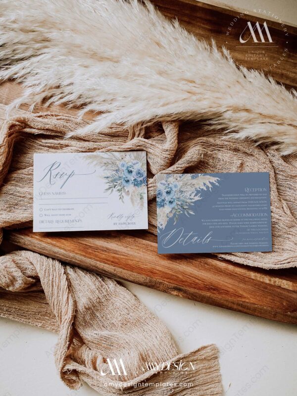 Dusty Blue Wedding Invitation Template | Boho Pampas Grass Wedding Set Dusty Blue Wedding Invitation Template | Boho Pampas Grass Wedding Set