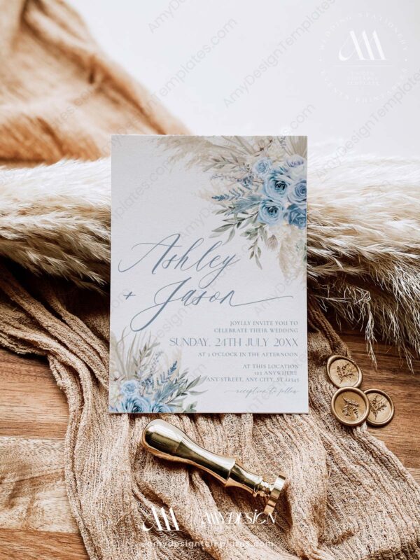 Dusty Blue Wedding Invitation Template | Boho Pampas Grass Wedding Set Dusty Blue Wedding Invitation Template | Boho Pampas Grass Wedding Set