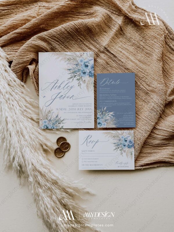 Dusty Blue Wedding Invitation Template | Boho Pampas Grass Wedding Set Dusty Blue Wedding Invitation Template | Boho Pampas Grass Wedding Set