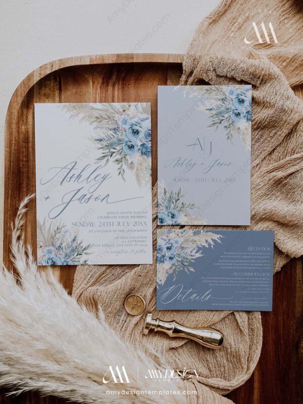 Dusty Blue Wedding Invitation Template | Boho Pampas Grass Wedding Set