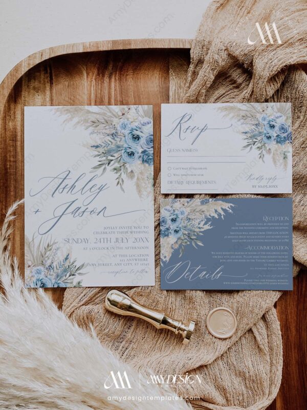 Dusty Blue Wedding Invitation Template | Boho Pampas Grass Wedding Set