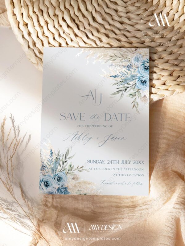 Rustic Blue Save our Date Card E013