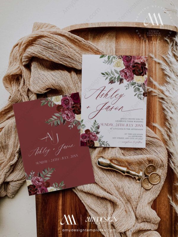 Burgundy Floral Wedding Invitation Card | Wedding Suite Templates | Maroon Wedding Burgundy Floral Wedding Invitation Card | Wedding Suite Templates | Maroon Wedding