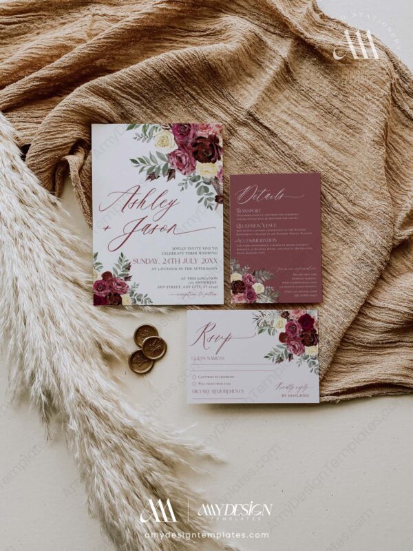 Burgundy Floral Wedding Invitation Card | Wedding Suite Templates | Maroon Wedding Burgundy Floral Wedding Invitation Card | Wedding Suite Templates | Maroon Wedding