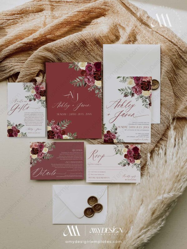 Burgundy Floral Wedding Invitation Card | Wedding Suite Templates | Maroon Wedding Burgundy Floral Wedding Invitation Card | Wedding Suite Templates | Maroon Wedding