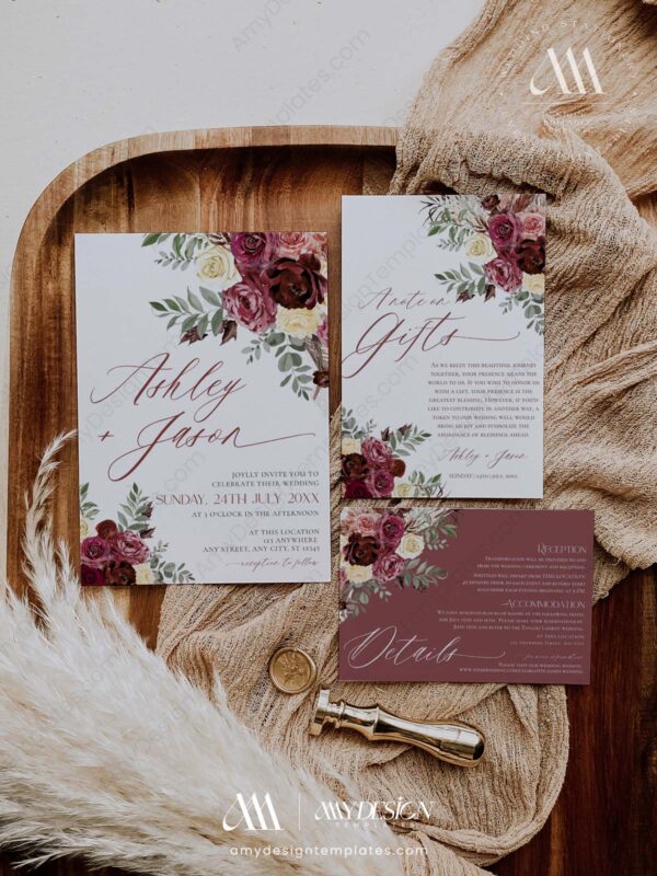 Burgundy Floral Wedding Invitation Card | Wedding Suite Templates | Maroon Wedding
