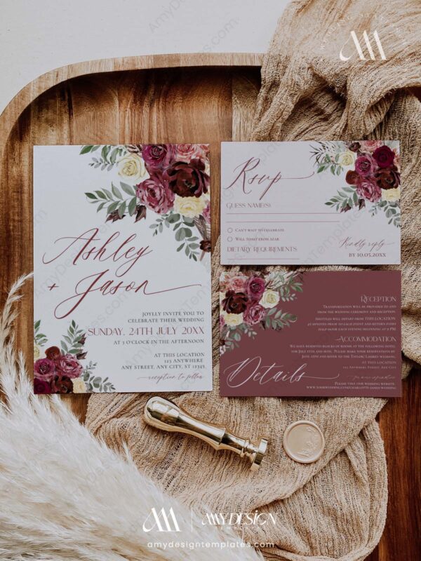 Burgundy Floral Wedding Invitation Card | Wedding Suite Templates | Maroon Wedding