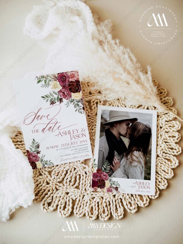 Burgundy Wedding Save The Date Template with Photo | Save Our Dates | Printable Wedding Card Burgundy Wedding Save The Date Template E014