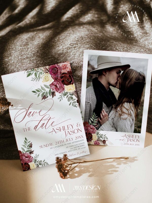 Burgundy Wedding Save The Date Template E014