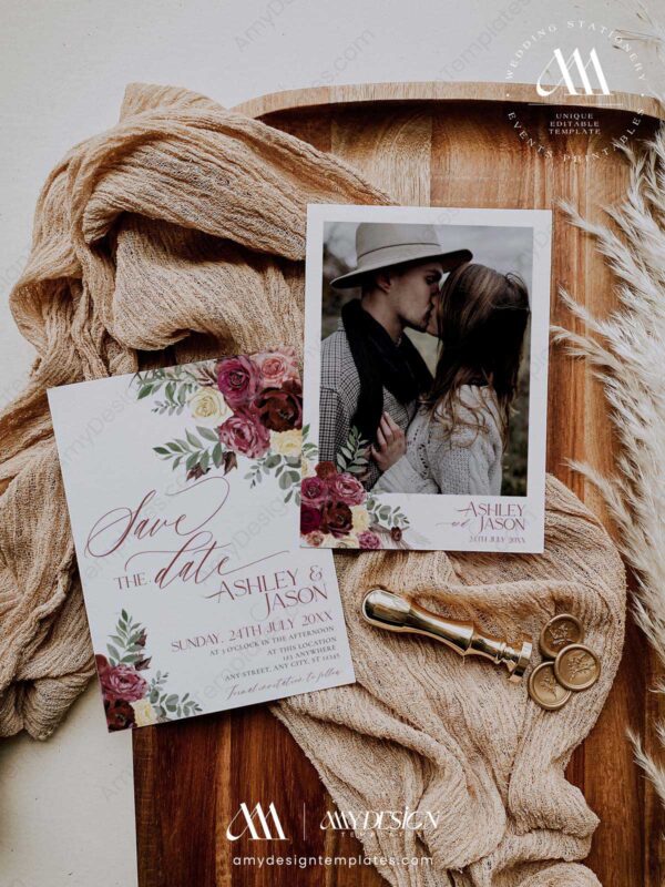 Burgundy Wedding Save The Date Template with Photo | Save Our Dates | Printable Wedding Card Burgundy Wedding Save The Date Template E014